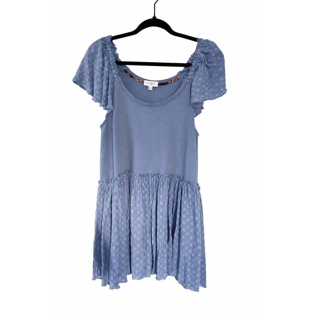 Umgee Blue Mini Dress Small Eyelet Flutter Sleeve‎ Babydoll Boho Cottagecore